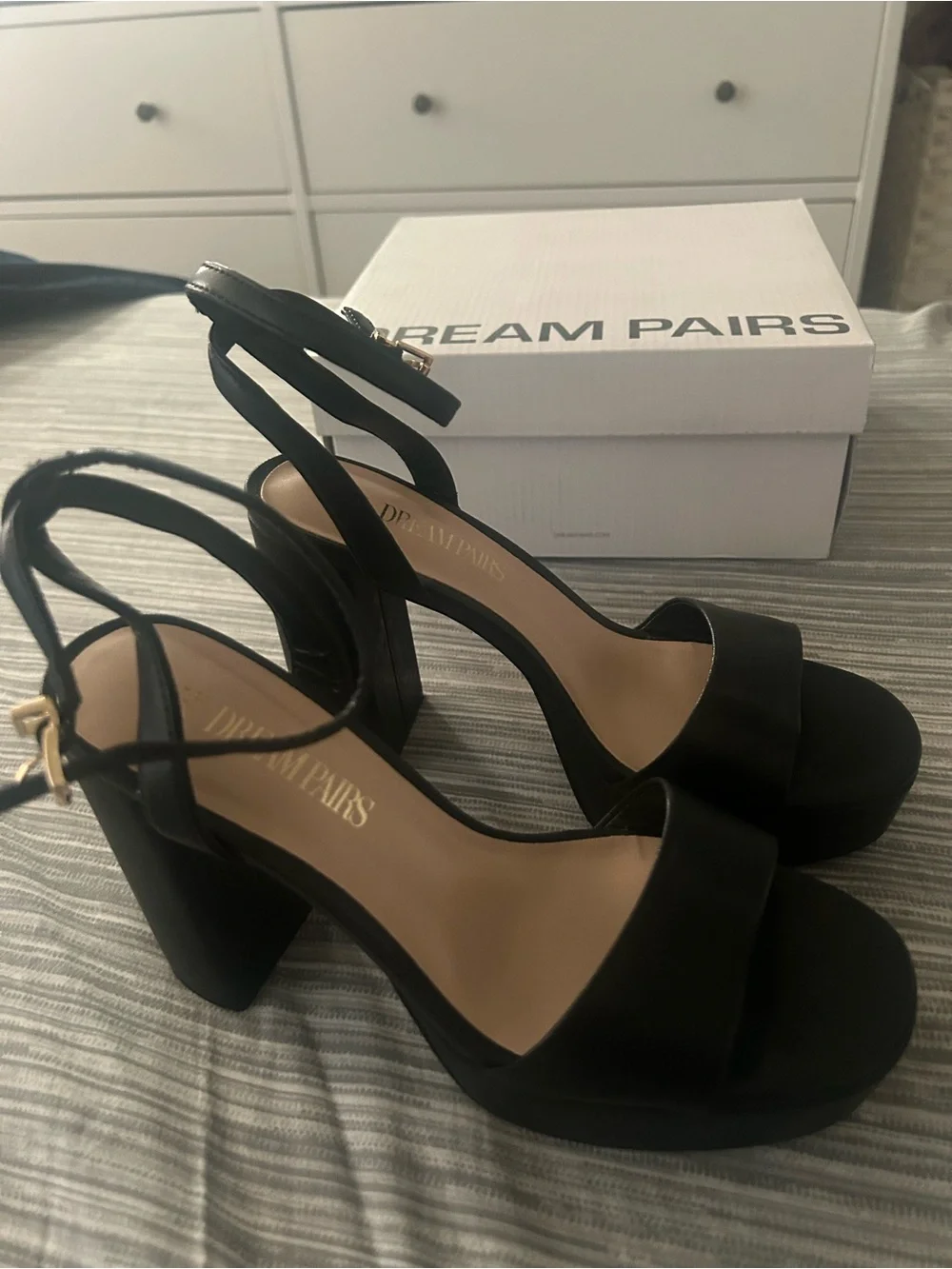 Dream Pairs Black Block Heel Sandals with Ankle Strap and Wide Front Band